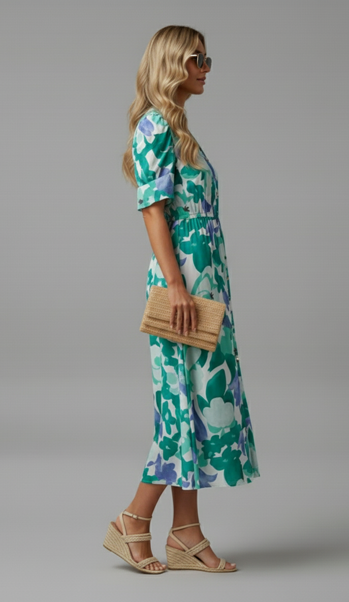 Puff Sleeve Watercolor Midi Dress