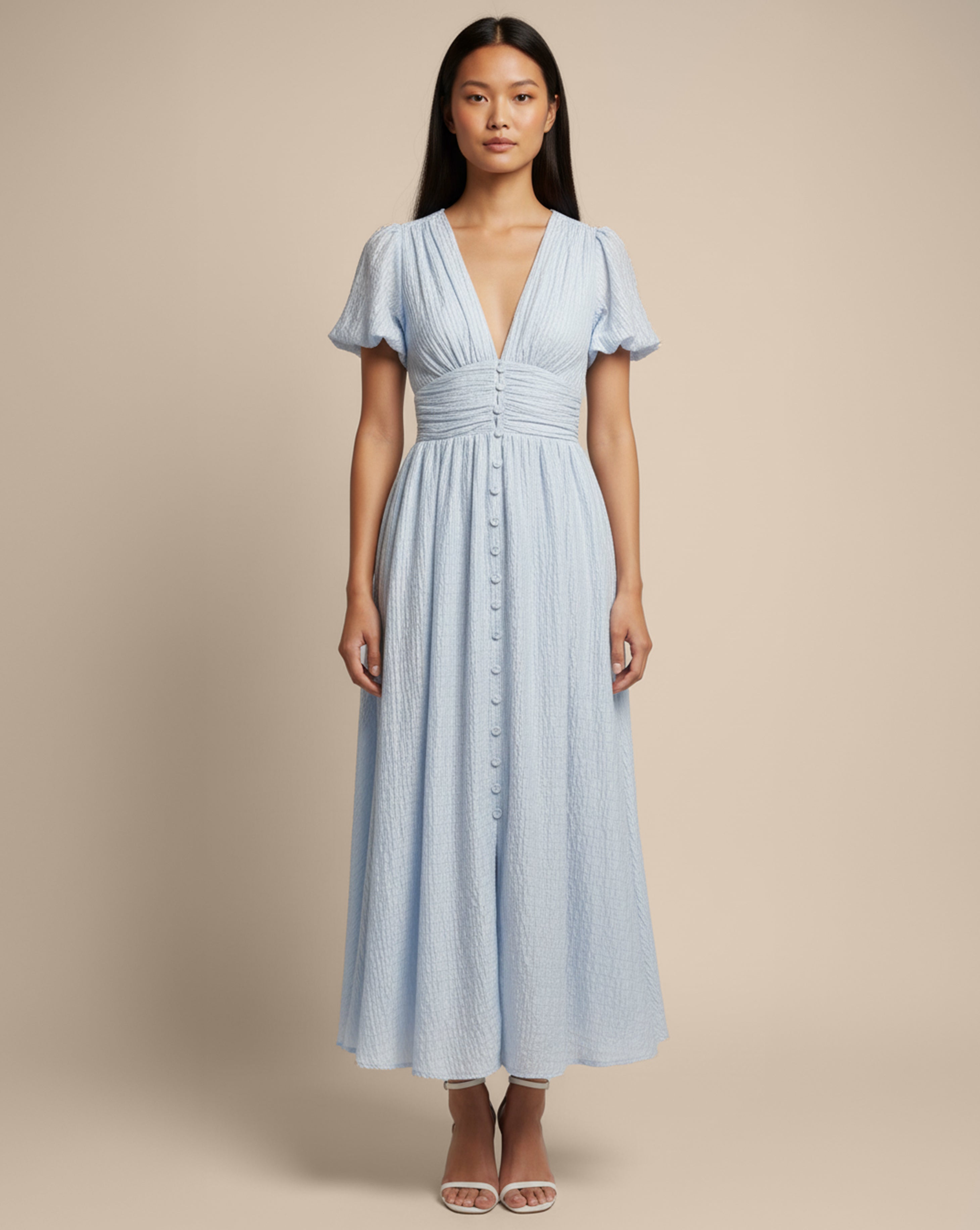 Soft Buttoned V-Neck Midi Dress