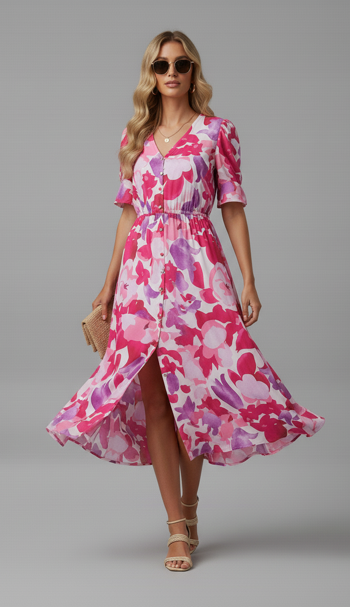 Puff Sleeve Watercolor Midi Dress