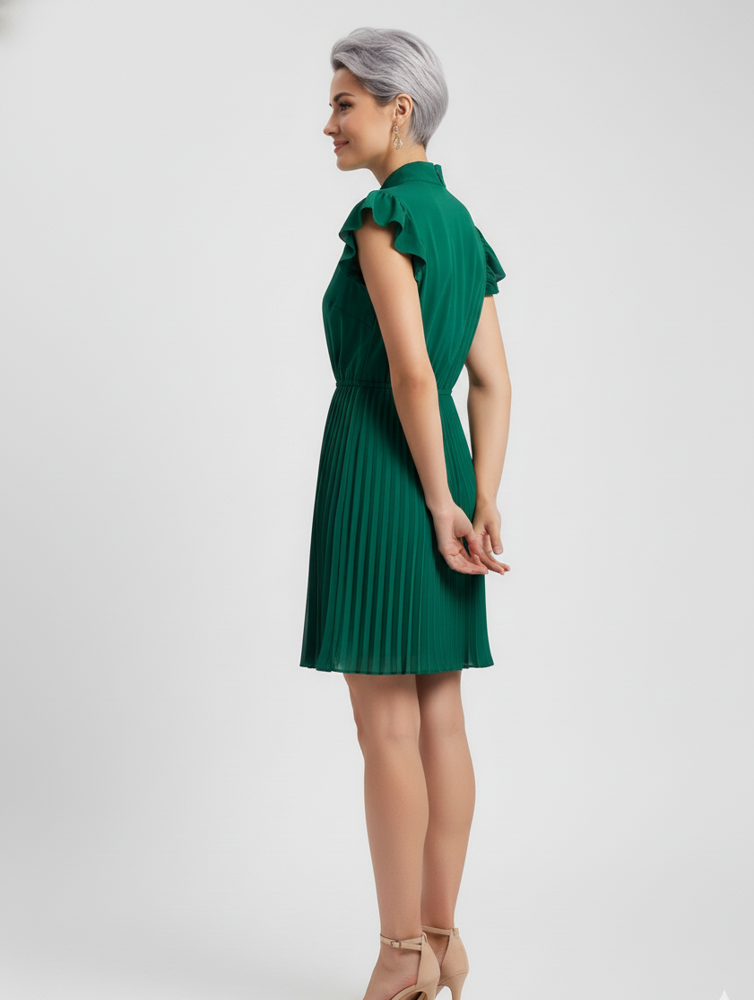 Pleated Tie-Neck Mini Dress