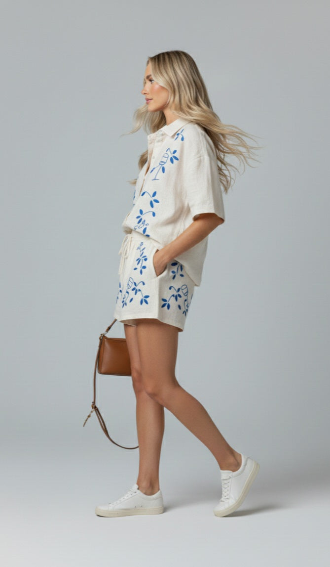 Embroidered Linen Shirt and Tie Waist Shorts Set