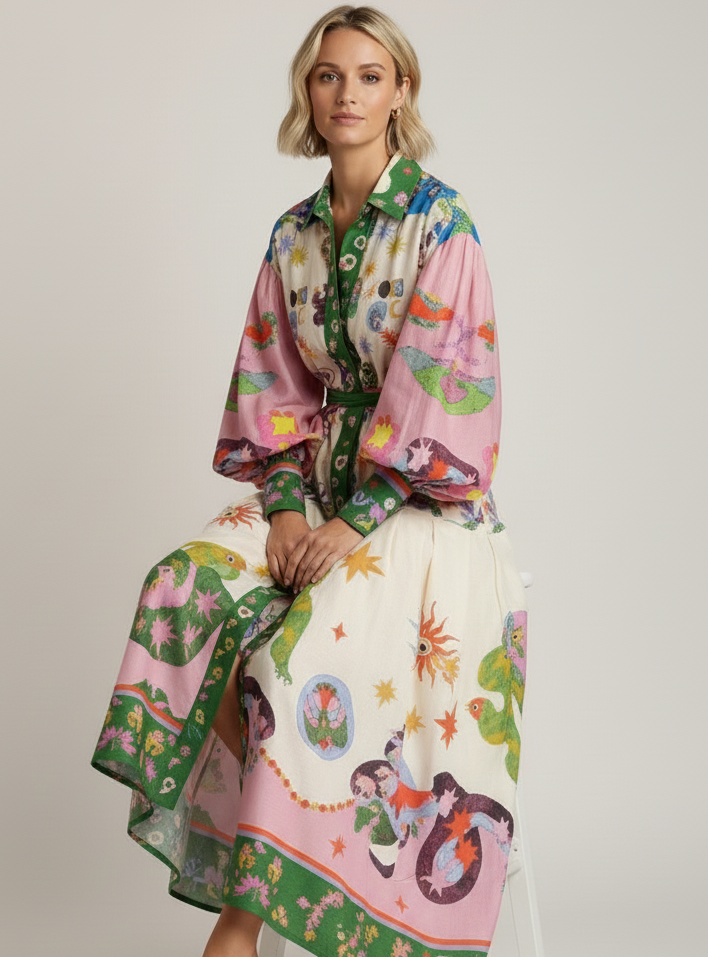 Printed Collar Belted Maxi Dress