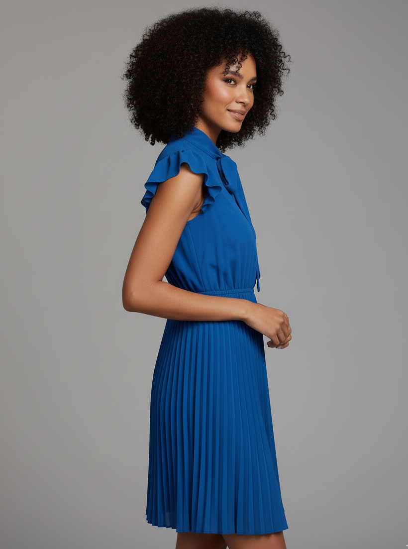 Pleated Tie-Neck Mini Dress