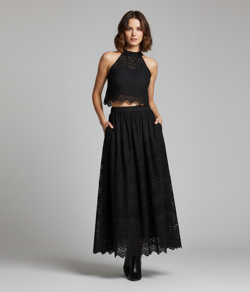 Embroidered Lace Crop Top Set