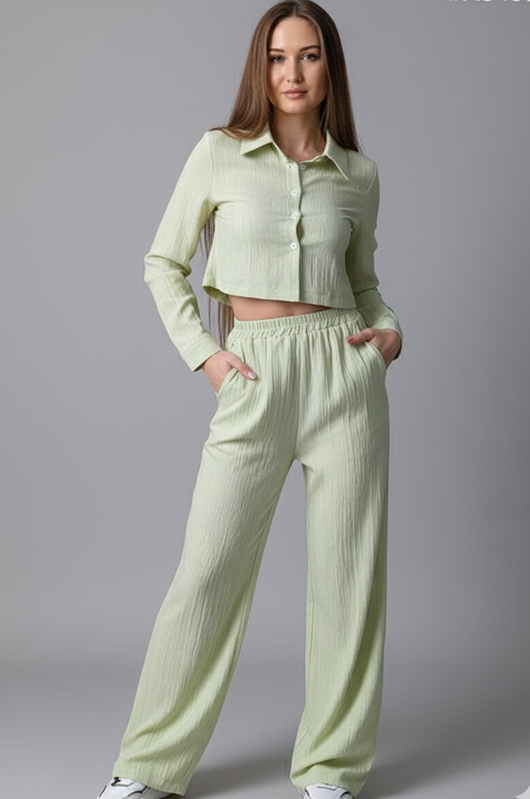 Cropped Long Sleeve Shirt and Relaxed Fit Pants Set