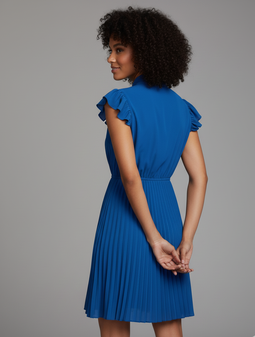 Pleated Tie-Neck Mini Dress