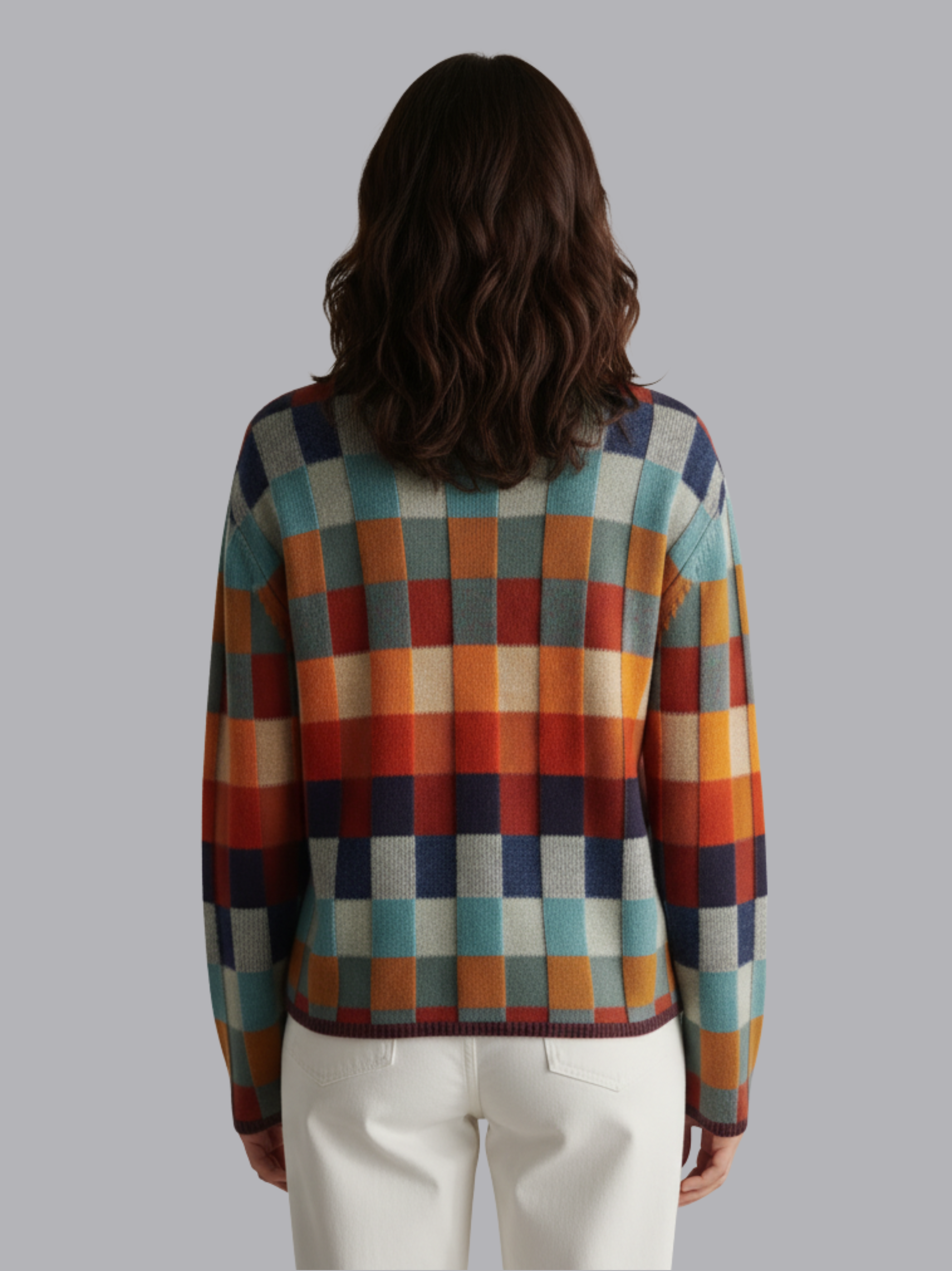 Colorblock Plaid Turtleneck Knit Sweater