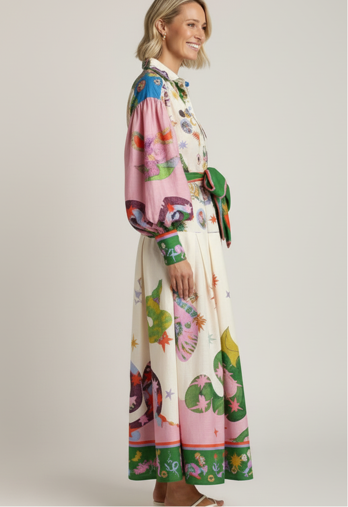 Printed Collar Belted Maxi Dress