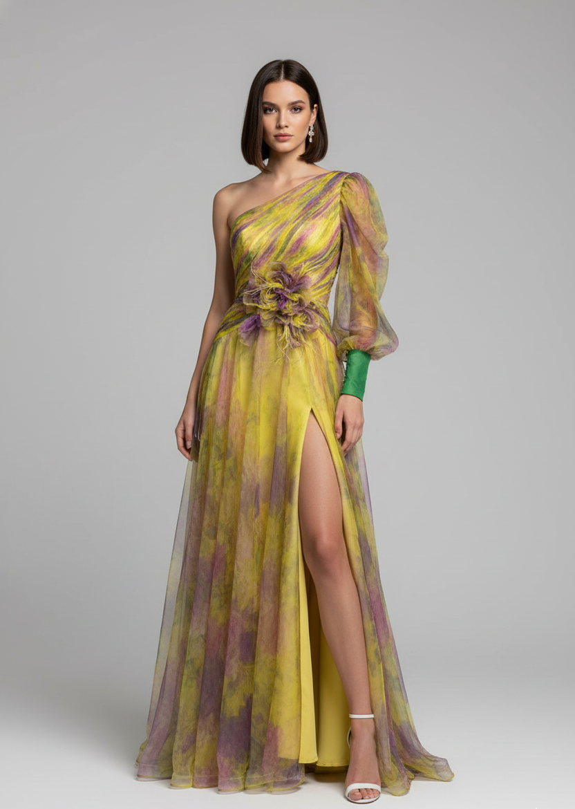 One-Shoulder Floral Tulle Gown