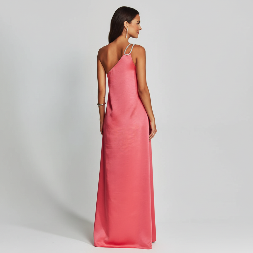 Satin One-Shoulder Metallic Maxi Dress