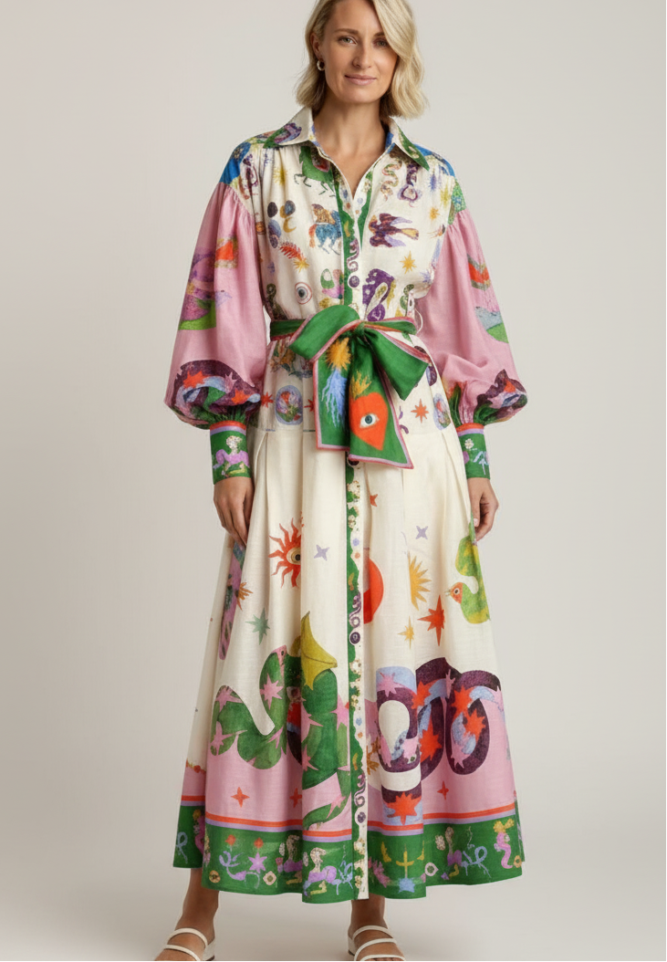 Printed Collar Belted Maxi Dress