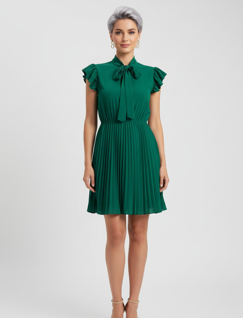 Pleated Tie-Neck Mini Dress