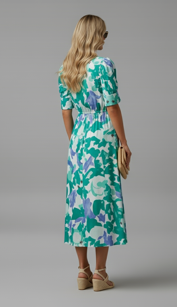 Puff Sleeve Watercolor Midi Dress
