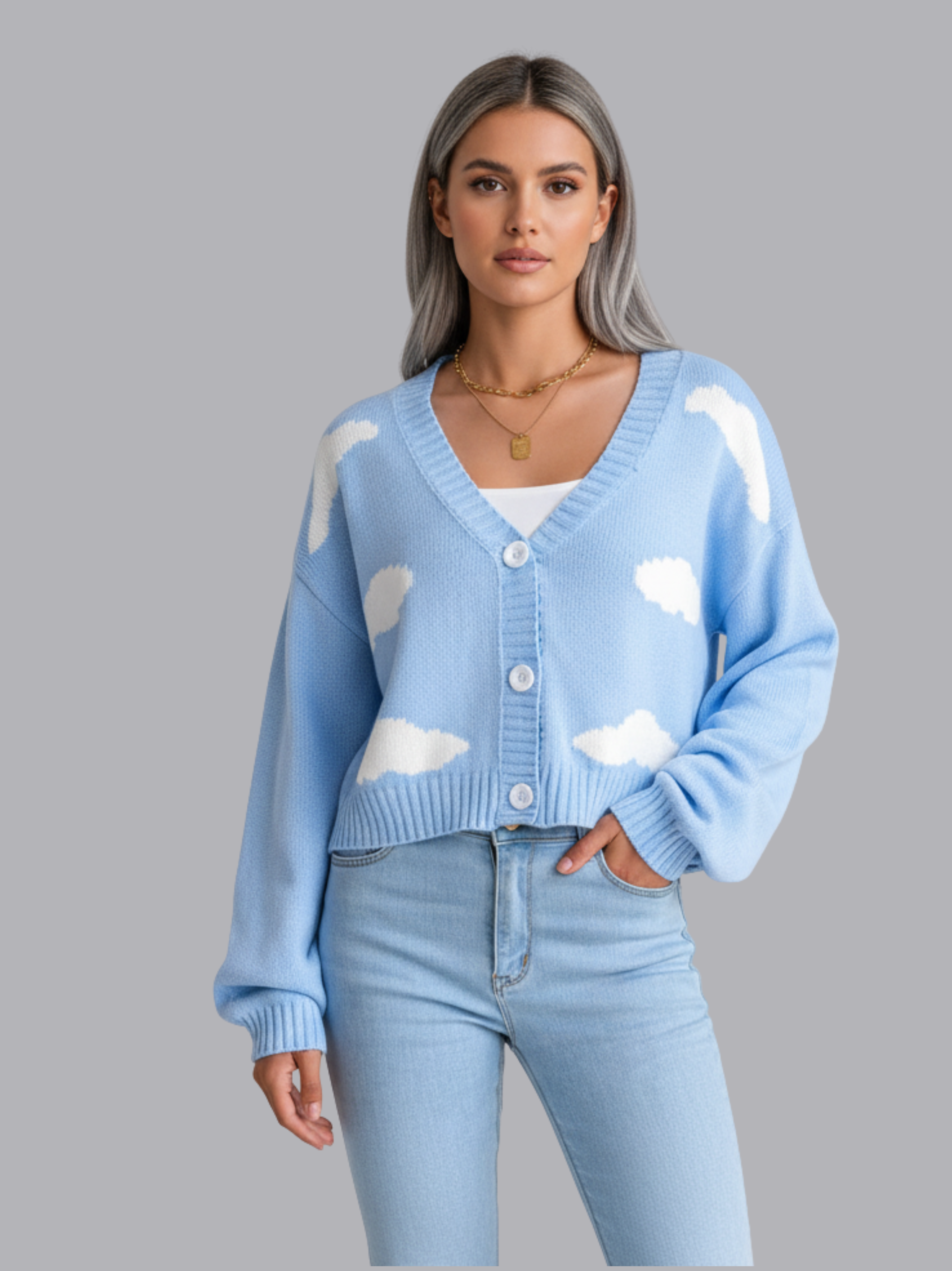 Cropped Cloud Pattern Knit Sweater