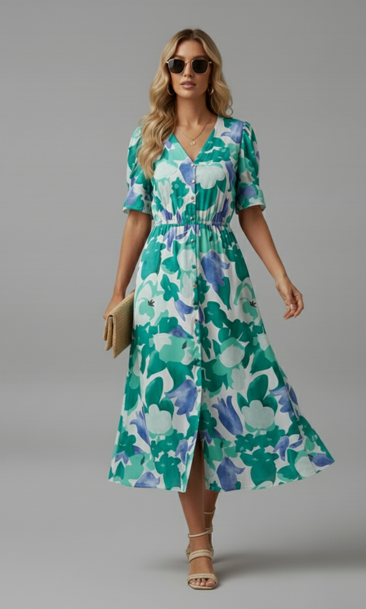 Puff Sleeve Watercolor Midi Dress