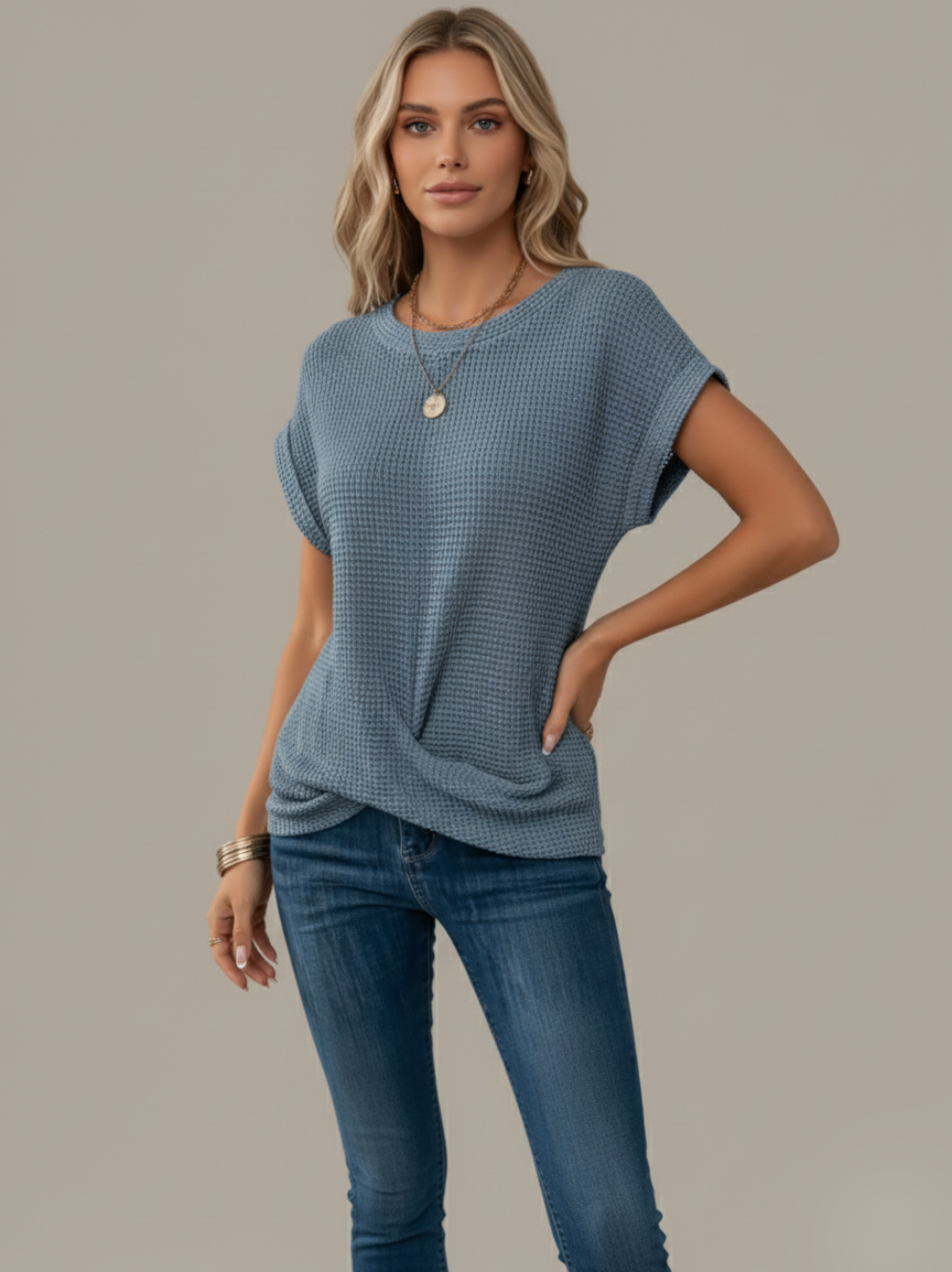 Textured Knit Short Sleeve Fitted Top