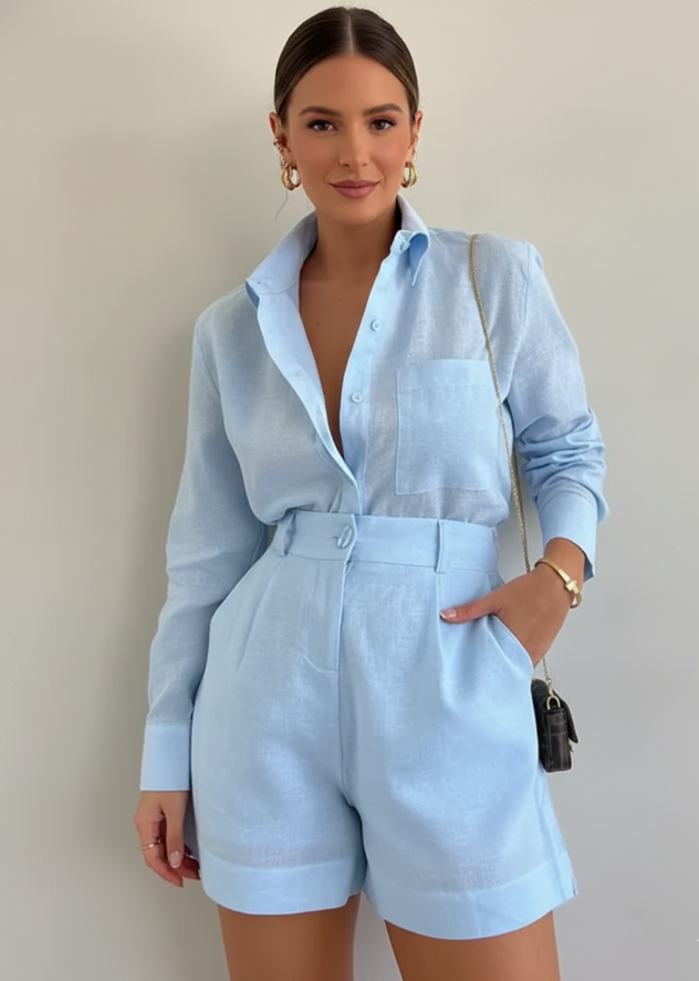 Long Sleeve Button Shirt and Tailored Shorts Set