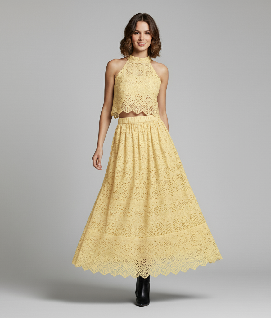 Embroidered Lace Crop Top Set