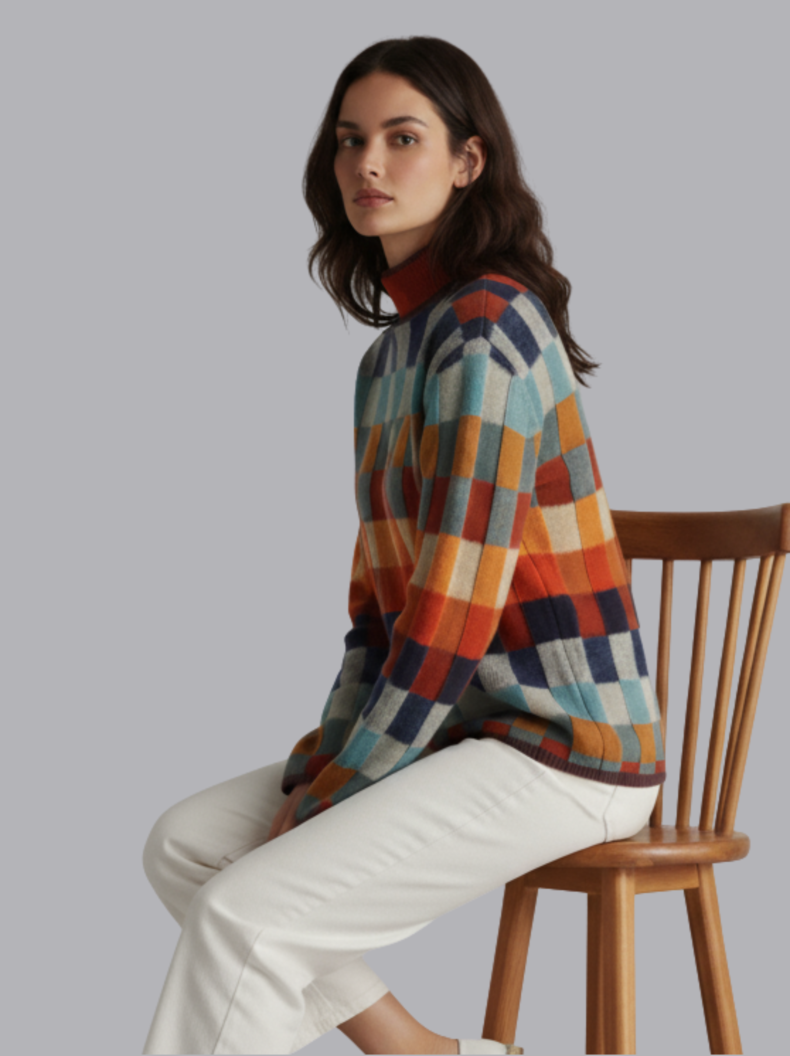 Colorblock Plaid Turtleneck Knit Sweater