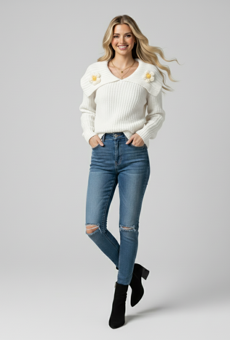 Daisy Collar Knit Crew Sweater