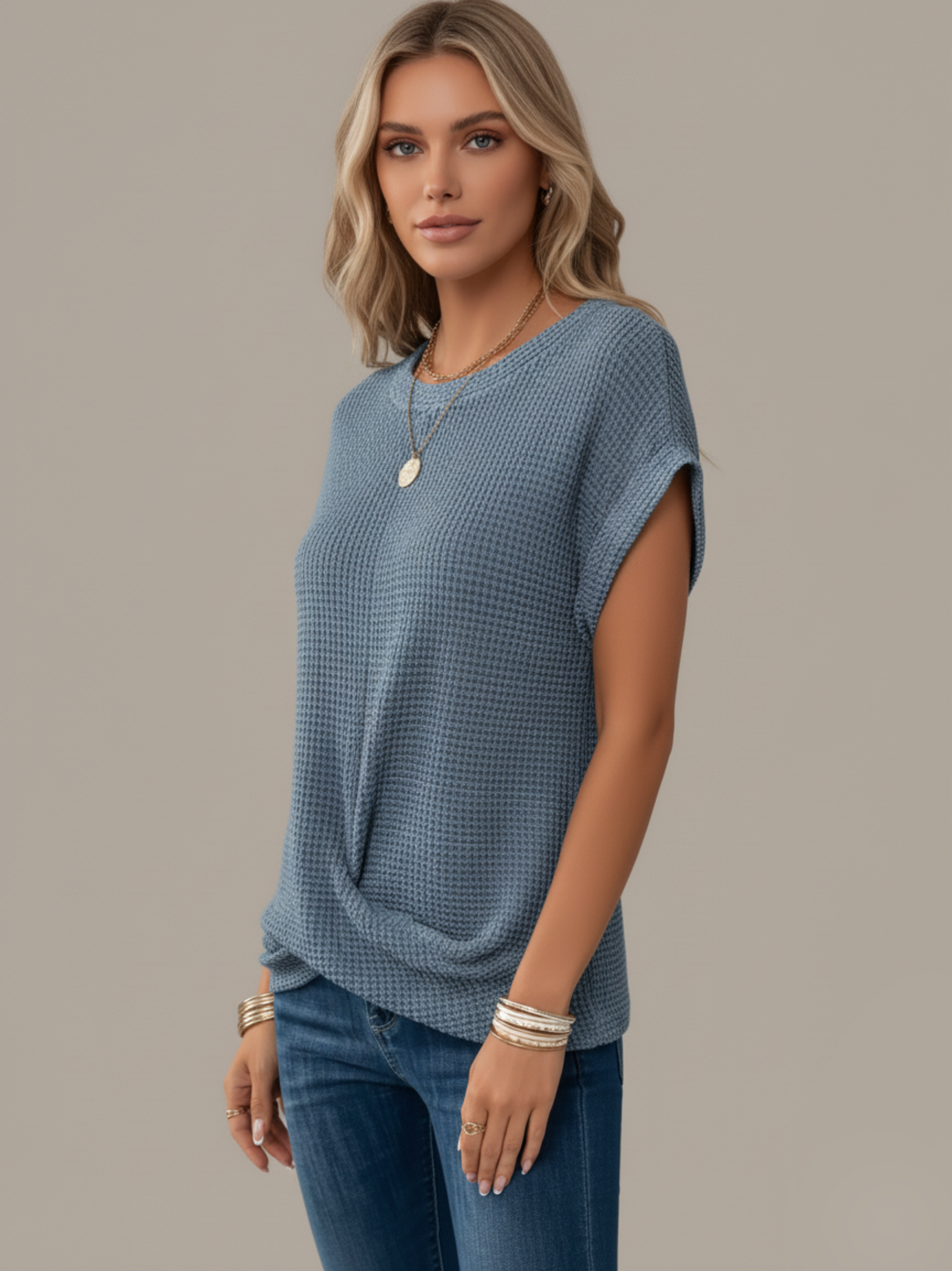 Textured Knit Short Sleeve Fitted Top