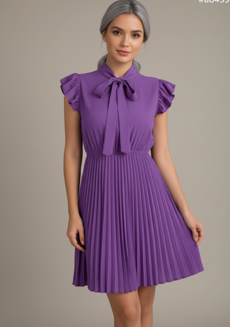 Pleated Tie-Neck Mini Dress