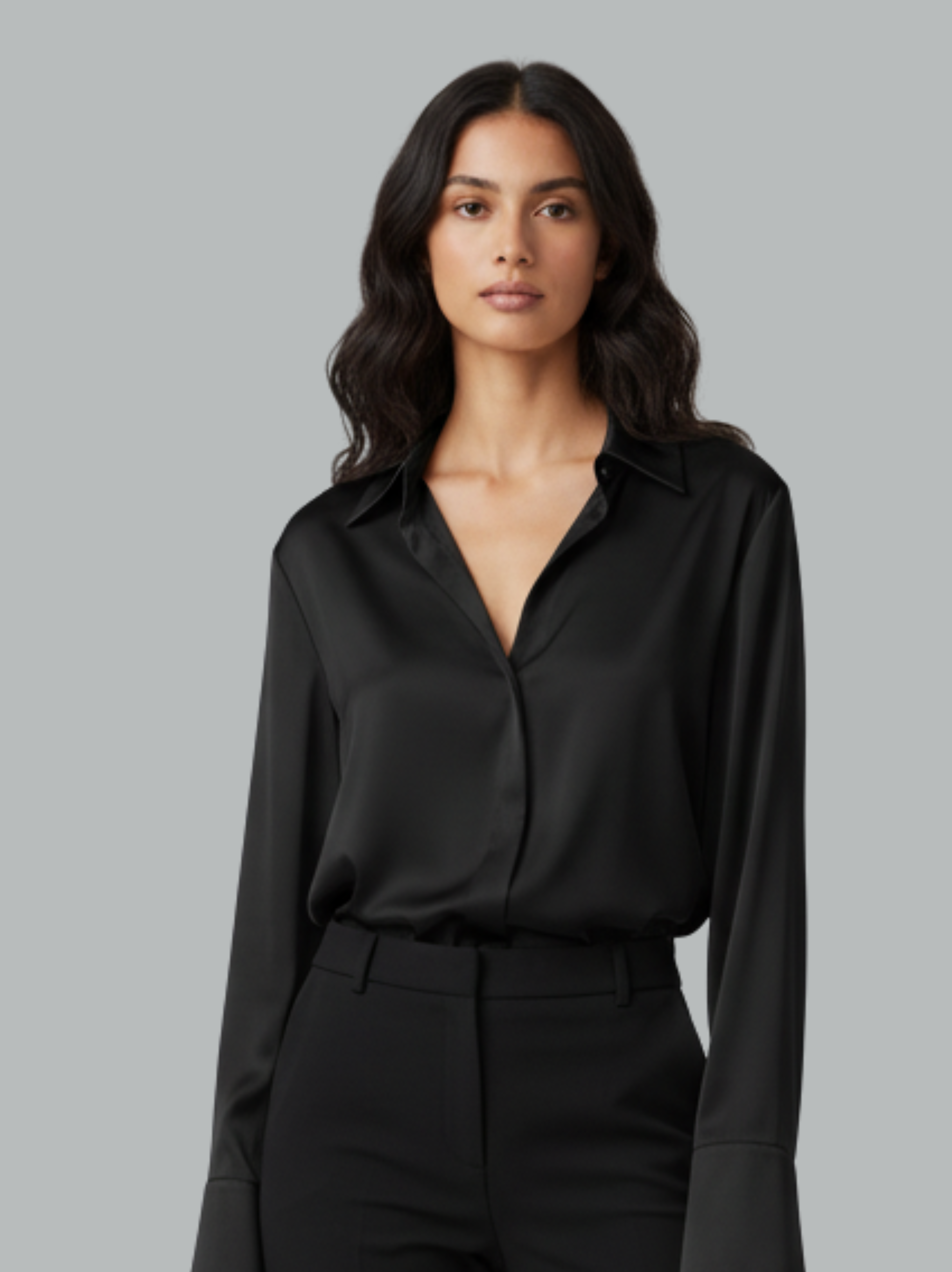 Classic Button Front Long Sleeve Satin Shirt