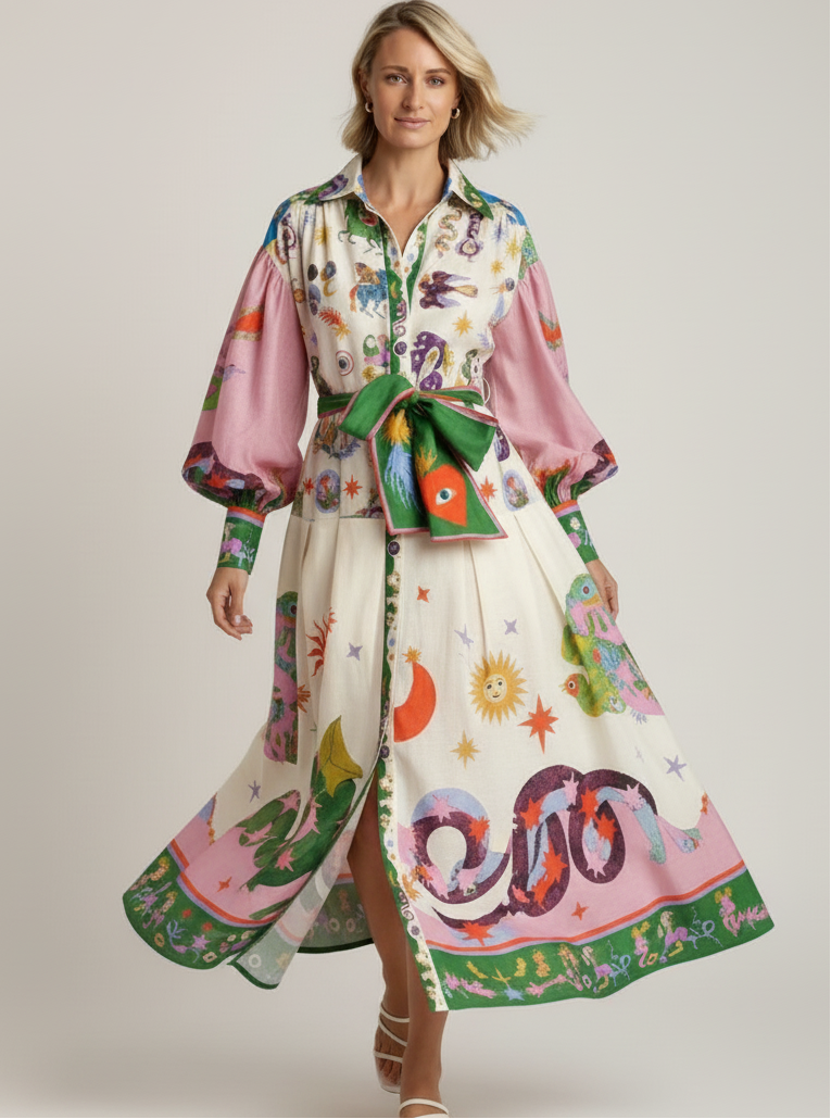 Printed Collar Belted Maxi Dress