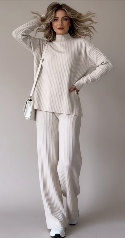 Turtleneck Knit Top and Wide Leg Pants Set