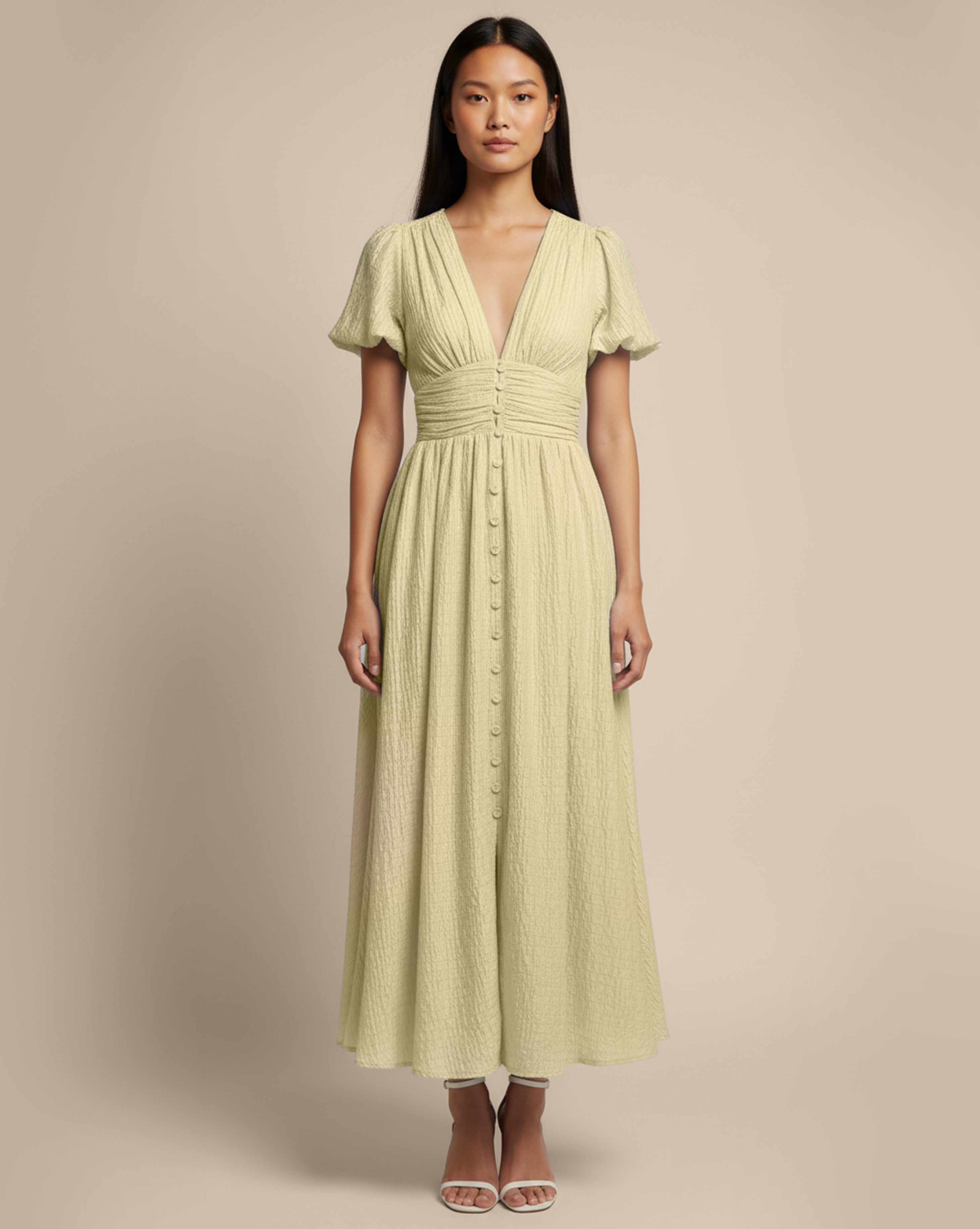 Soft Buttoned V-Neck Midi Dress
