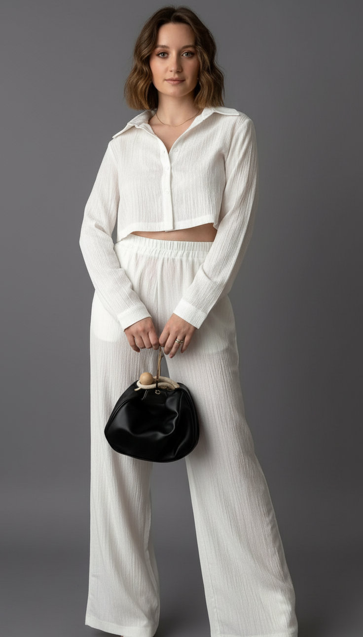 Cropped Long Sleeve Shirt and Relaxed Fit Pants Set