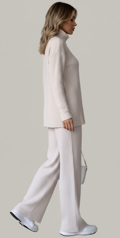 Turtleneck Knit Top and Wide Leg Pants Set