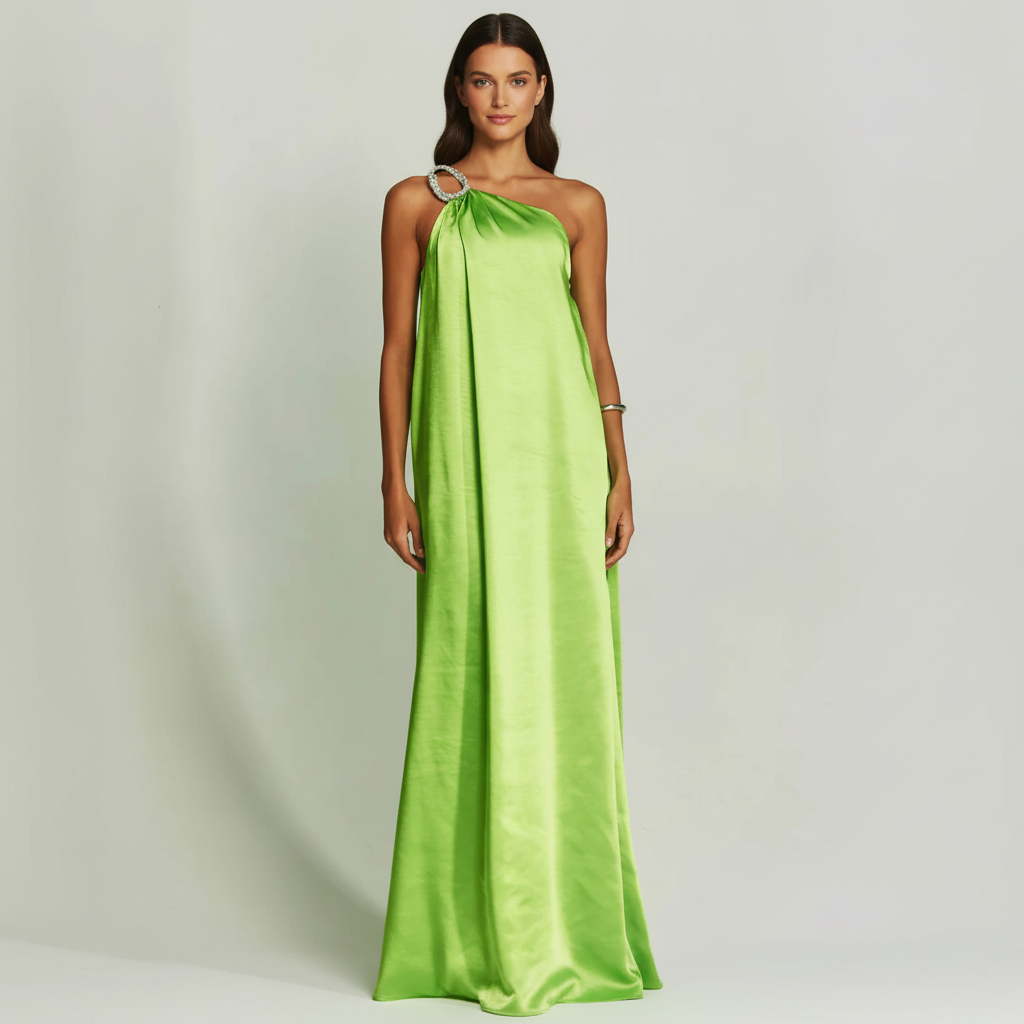 Satin One-Shoulder Metallic Maxi Dress