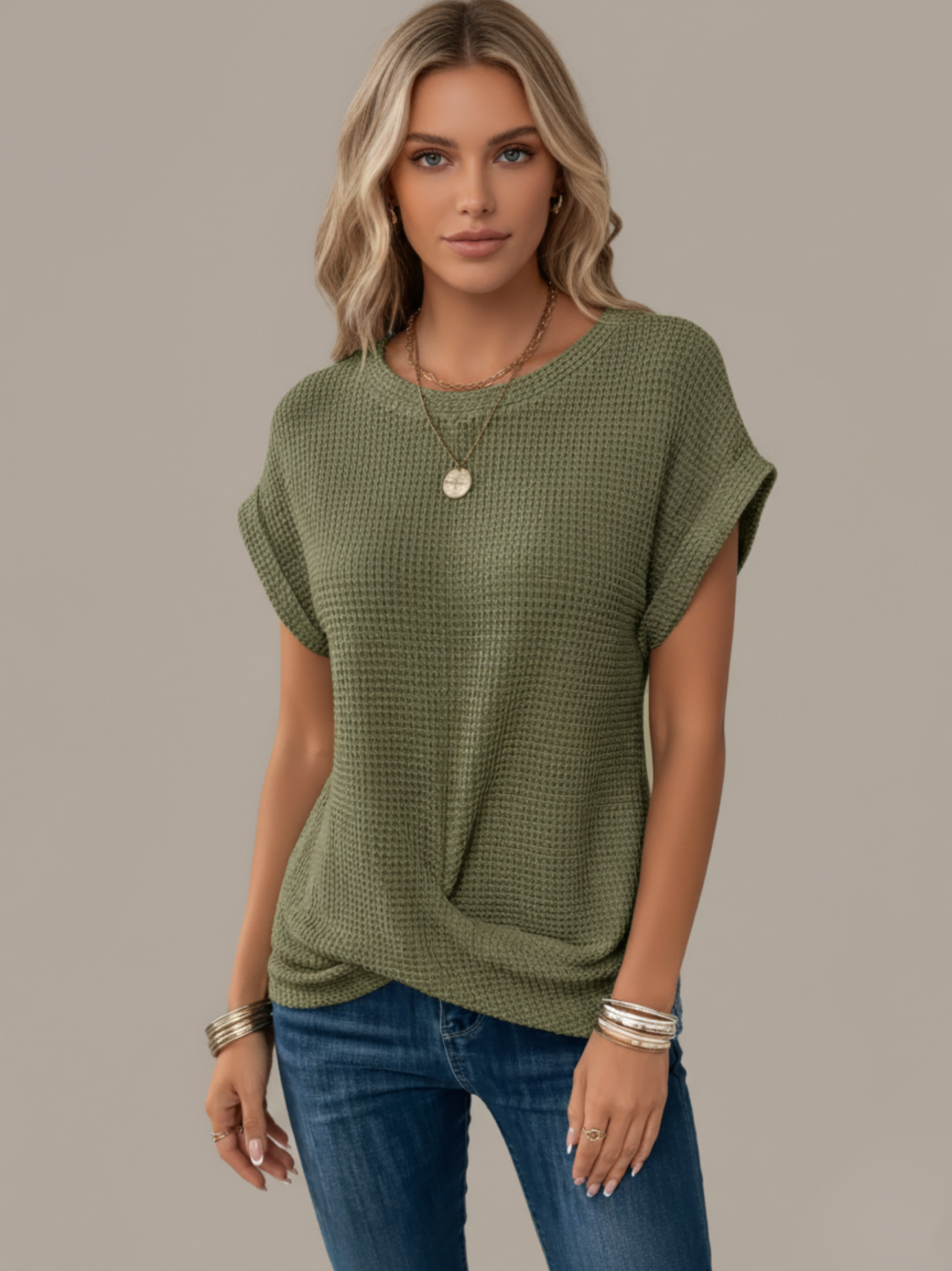 Textured Knit Short Sleeve Fitted Top