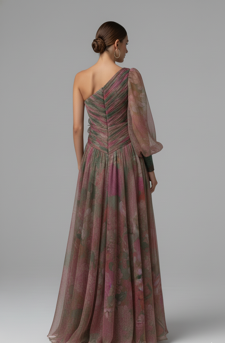 One-Shoulder Floral Tulle Gown