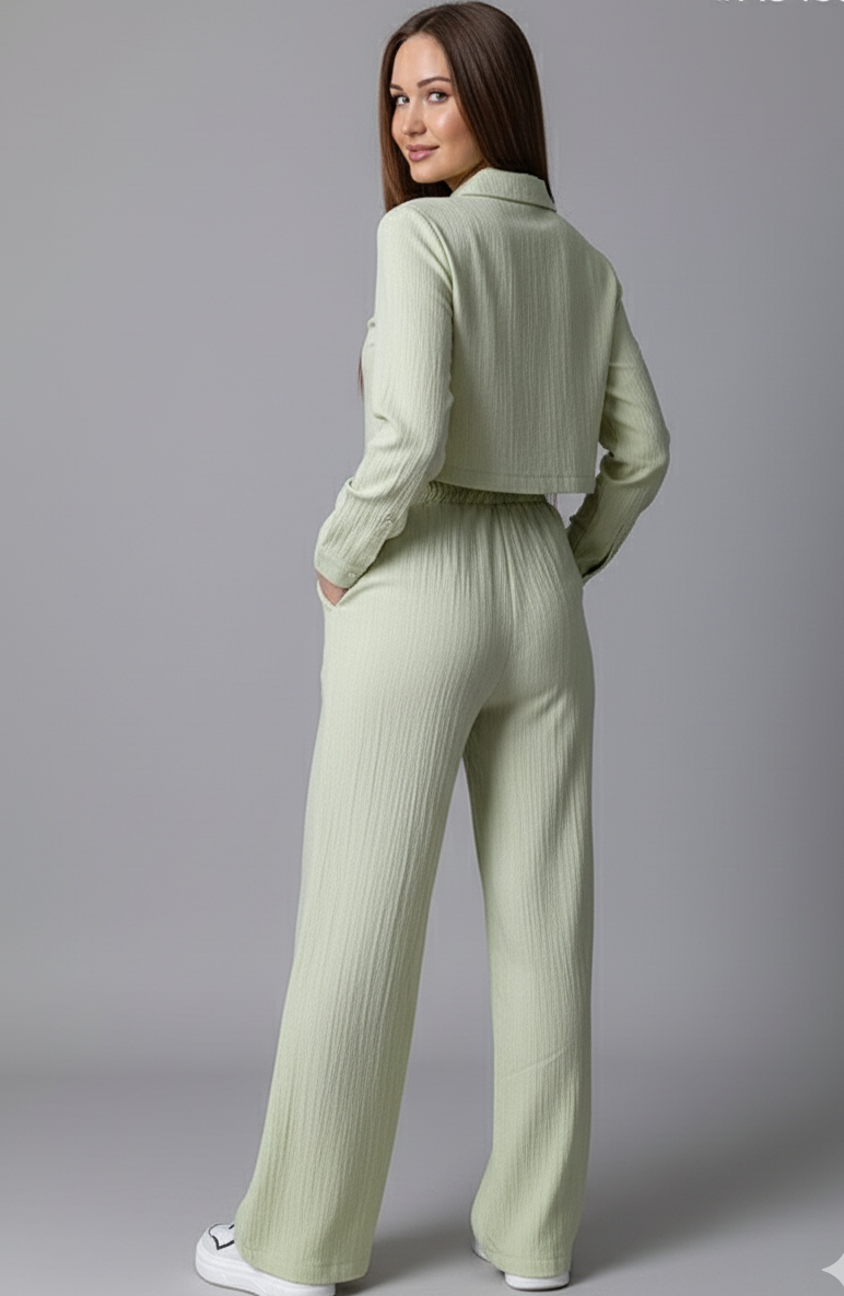 Cropped Long Sleeve Shirt and Relaxed Fit Pants Set