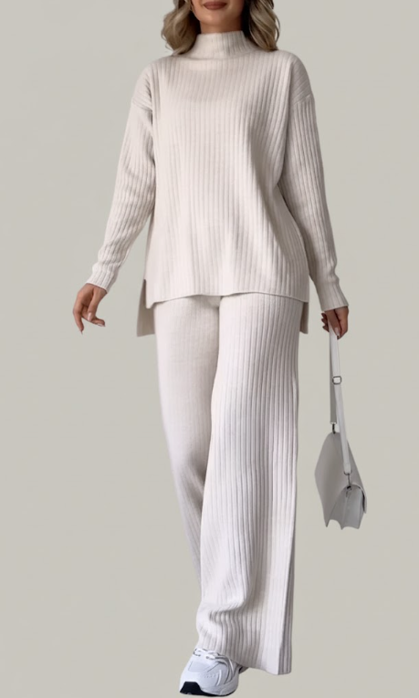 Turtleneck Knit Top and Wide Leg Pants Set