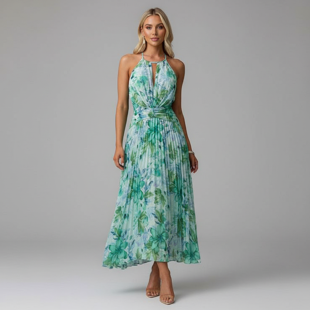 Green Floral Halter Maxi Dress