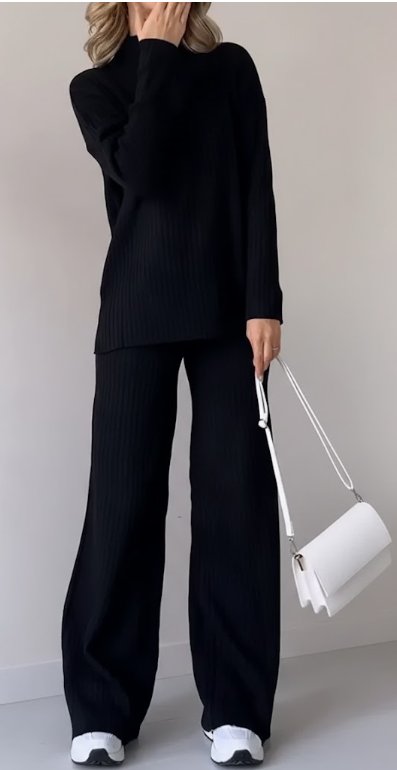 Turtleneck Knit Top and Wide Leg Pants Set