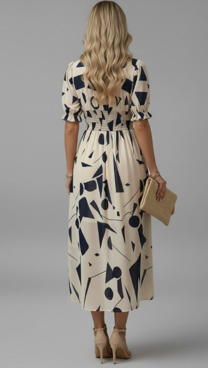 Puff Sleeve Watercolor Midi Dress