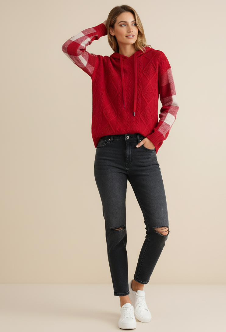 Plaid Sleeve Hooded Knit Sweater