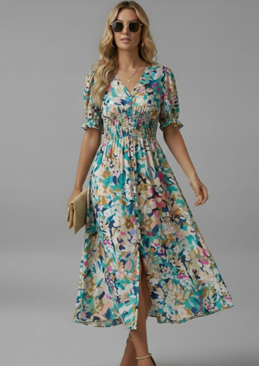 Puff Sleeve Watercolor Midi Dress