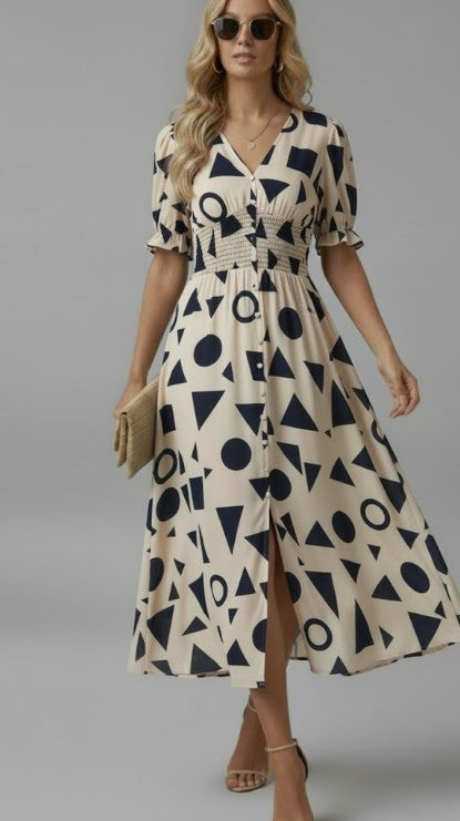 Puff Sleeve Watercolor Midi Dress