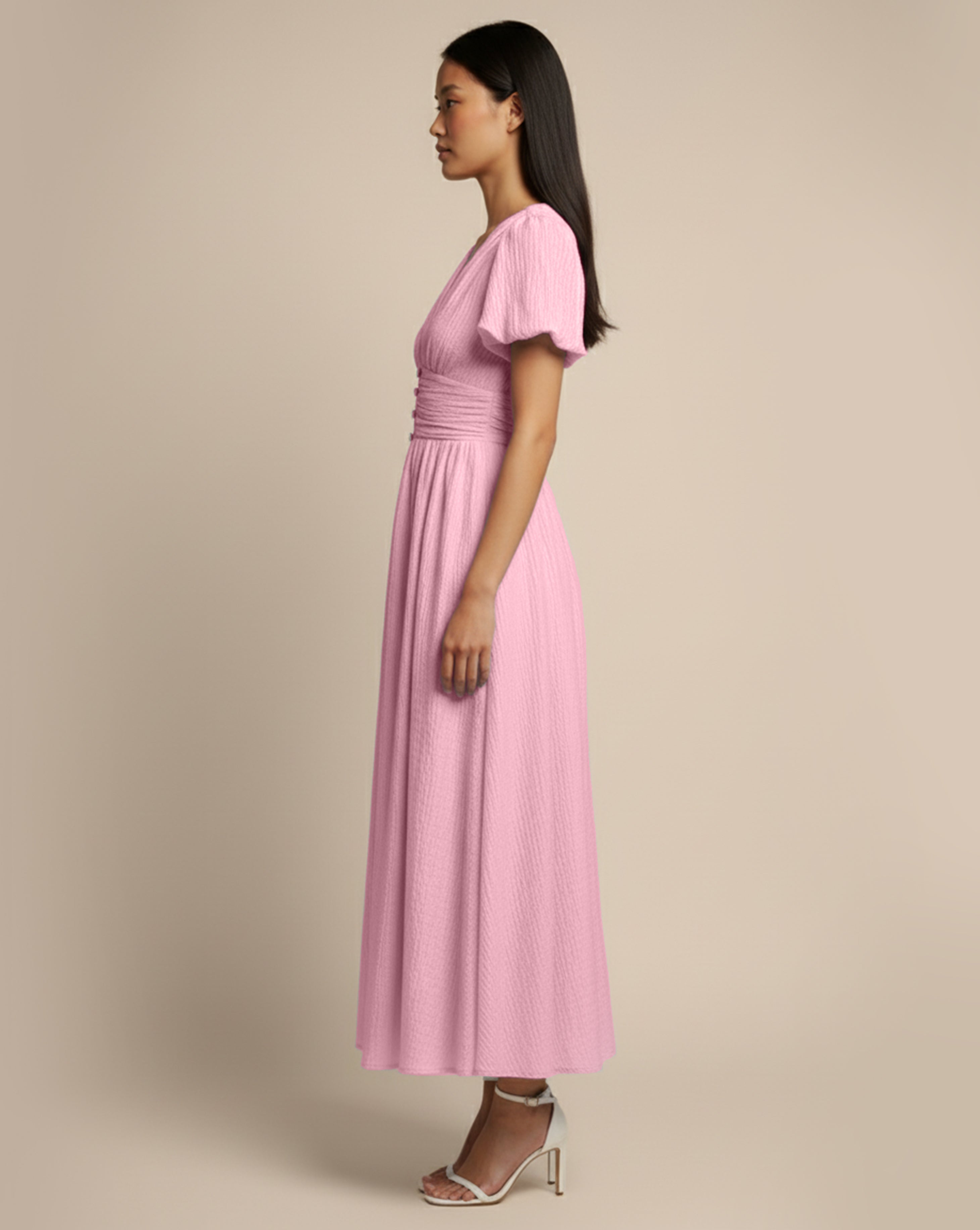 Soft Buttoned V-Neck Midi Dress