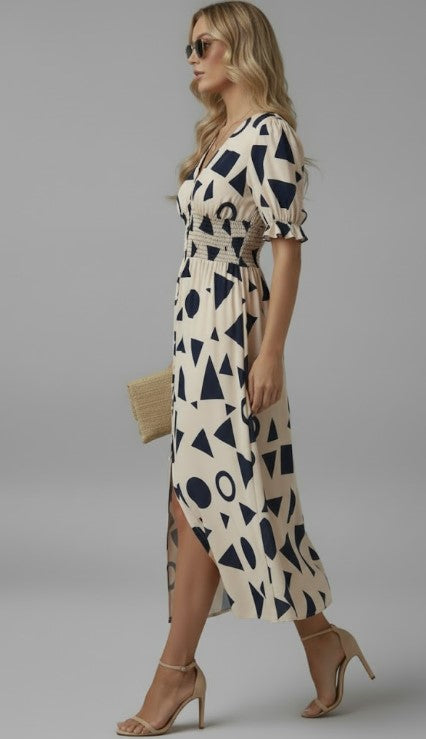 Puff Sleeve Watercolor Midi Dress