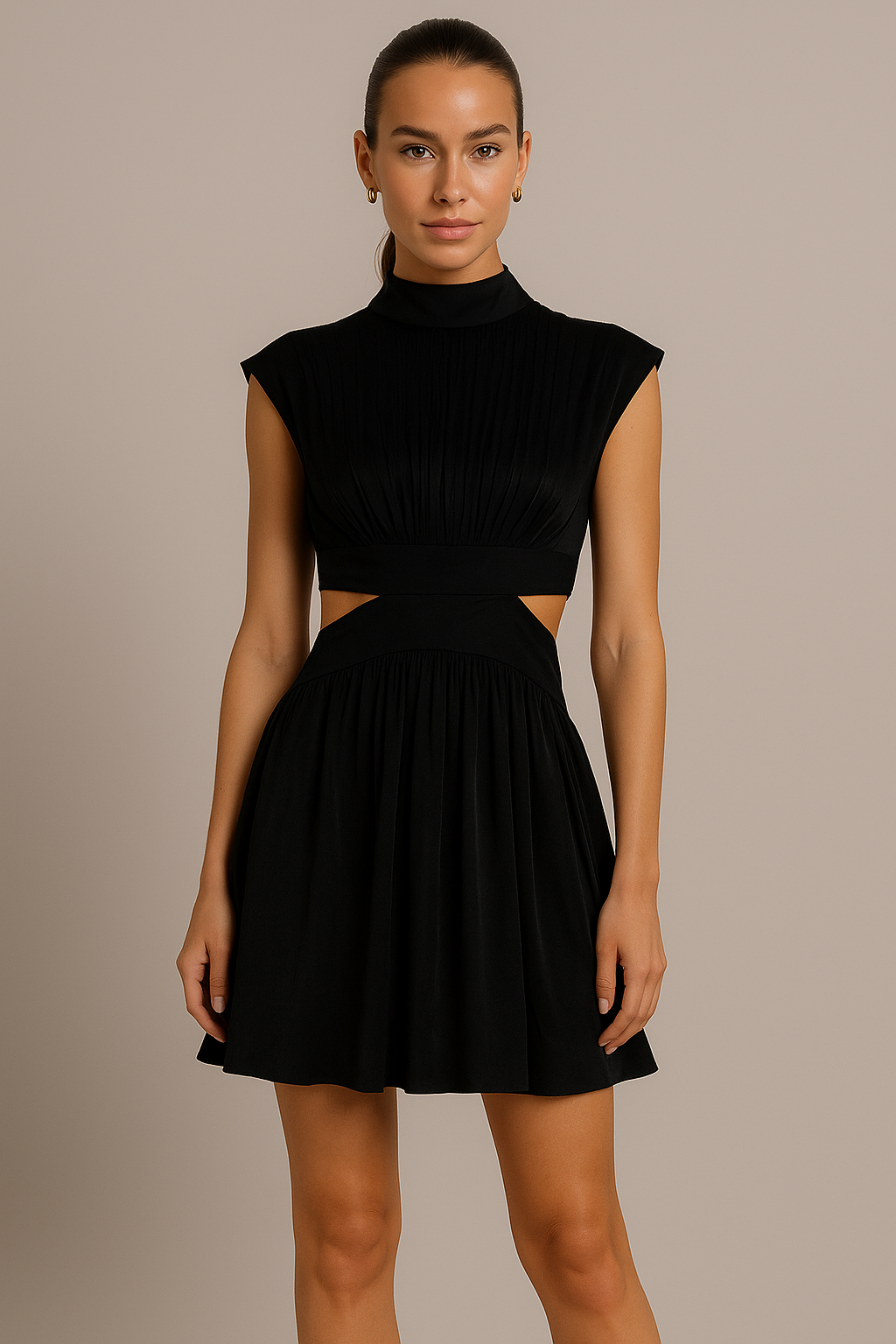 Pleated High Neck Mini Dress